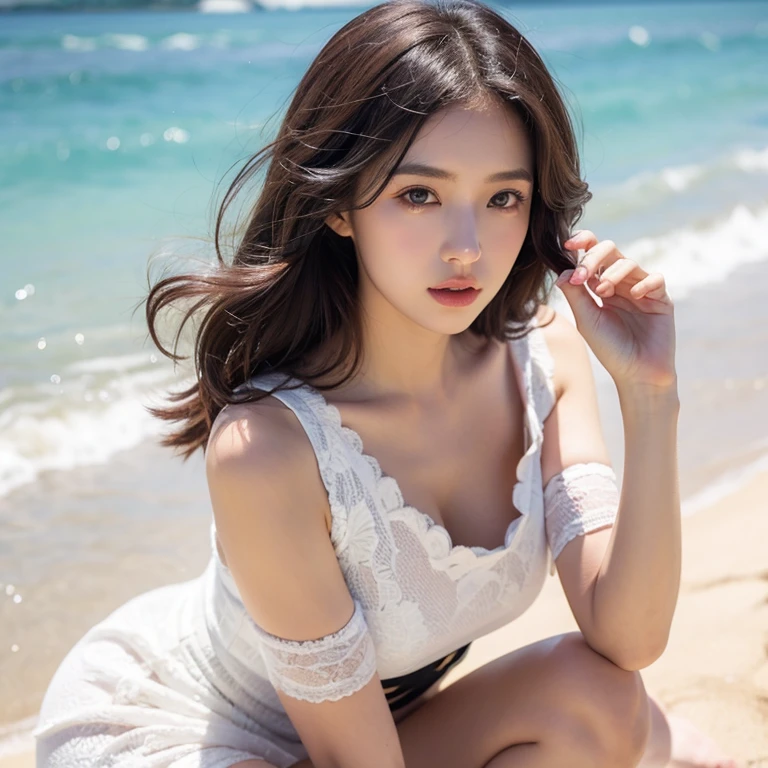 close-up,1girl,pink hair,white dress,Beach background