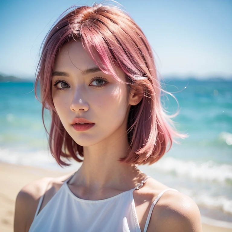 close-up,1girl,pink hair,white dress,Beach background