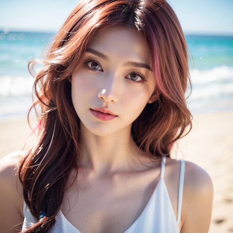 close-up,1girl,pink hair,white dress,Beach background
