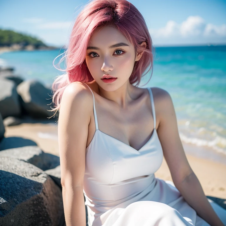 close-up,1girl,pink hair,white dress,Beach background