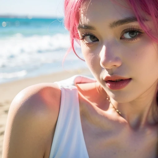 close-up,1girl,pink hair,white dress,Beach background