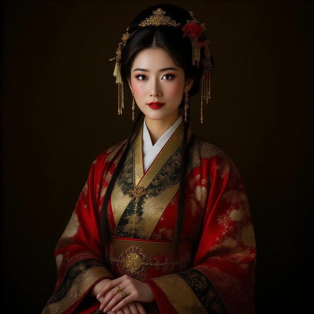 Closeup of a woman dressed in red and gold, palaces ， Girls wearing Hanfu, Chinese style , Traditional beauty, Wearing ancient Chinese clothing, Chinese traditional, hanfu, ChineseGirl, ancient China Princess, China Princess, ancient chinese beauti, Chinese woman, ancient asian dynasty princess, Dressed in ancient Chinese costumes, elegant japanese woman , Chinesedress