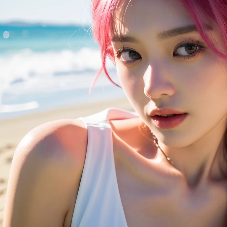 close-up,1girl,pink hair,white dress,Beach background
