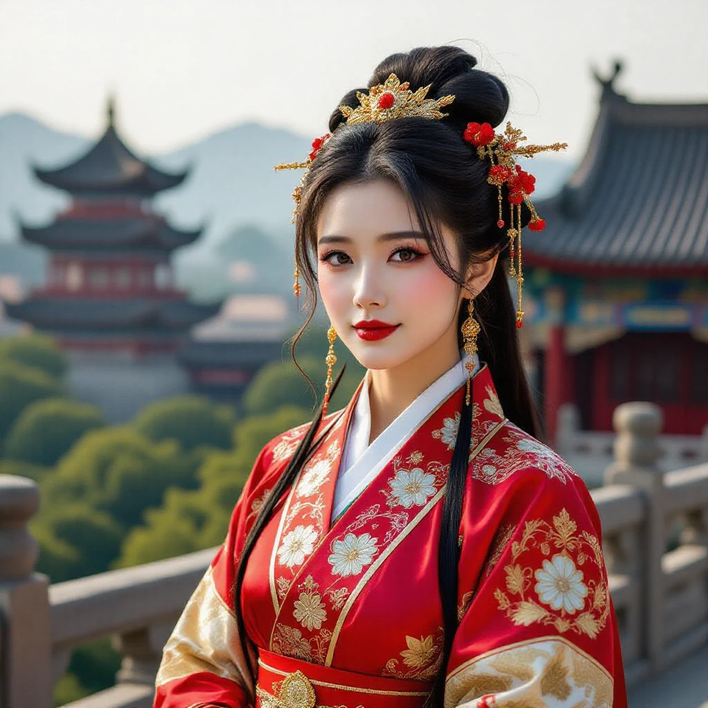 Closeup of a woman dressed in red and gold, palaces , Girls wearing Hanfu, Chinese style , Traditional beauty, Wearing ancient Chinese clothing, Chinese traditional, hanfu, ChineseGirl, ancient China Princess, China Princess, ancient chinese beauti, Chinese woman, ancient asian dynasty princess, Dressed in ancient Chinese costumes, elegant japanese woman , Chinesedress