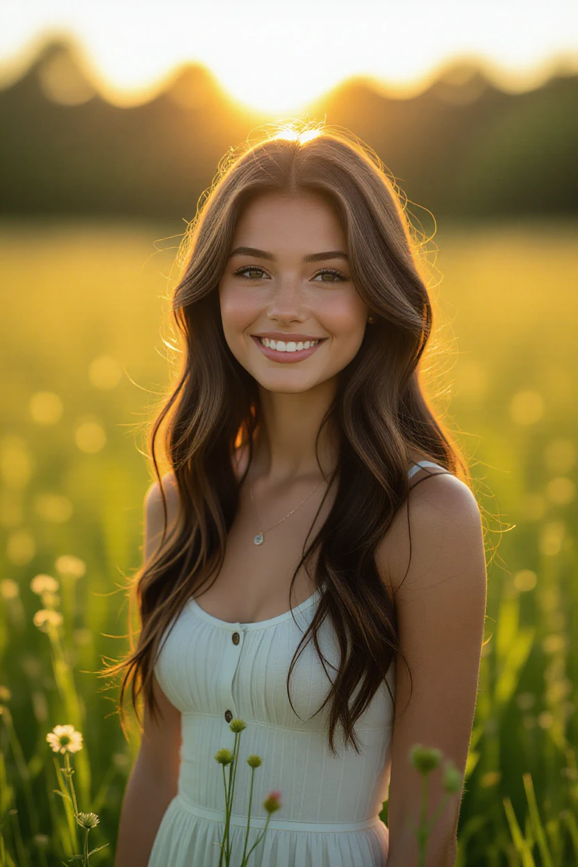 1 girl, beautiful young woman, long brown hair, warm smile, looking directly at camera, standing in sunlit meadow, lush green grass, wildflowers blooming, sun rays streaming through trees, golden hour lighting, ultra-detailed, photorealistic, 8K, high resolution, professional, cinematic, dramatic portrait
