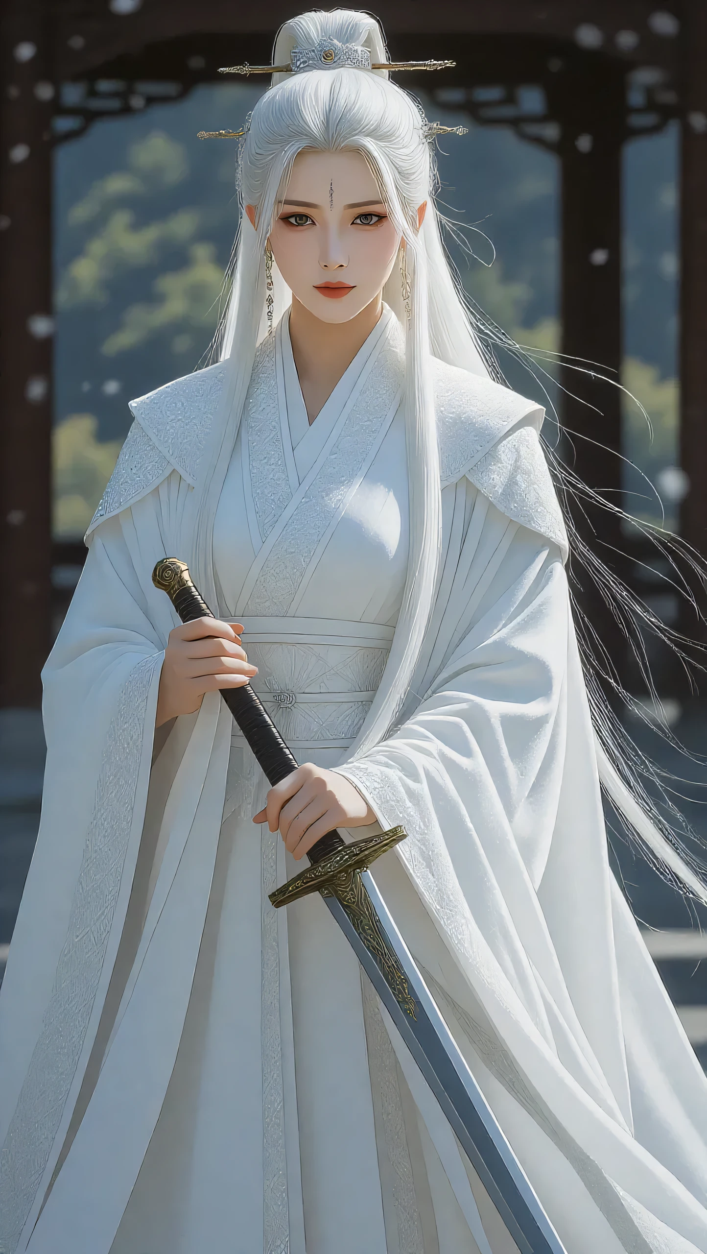 Beautiful female emperor, crystal clear skin, Beautiful appearance, Her eyes are full of wisdom, seems to see through everything in the world, Wearing a gorgeous white robe, Holding a long sword, The robe dances in the breeze,Silver hair flutters in the wind, The white robe perfectly outlines a beautiful , Personable、rural style, like a flawless fairy