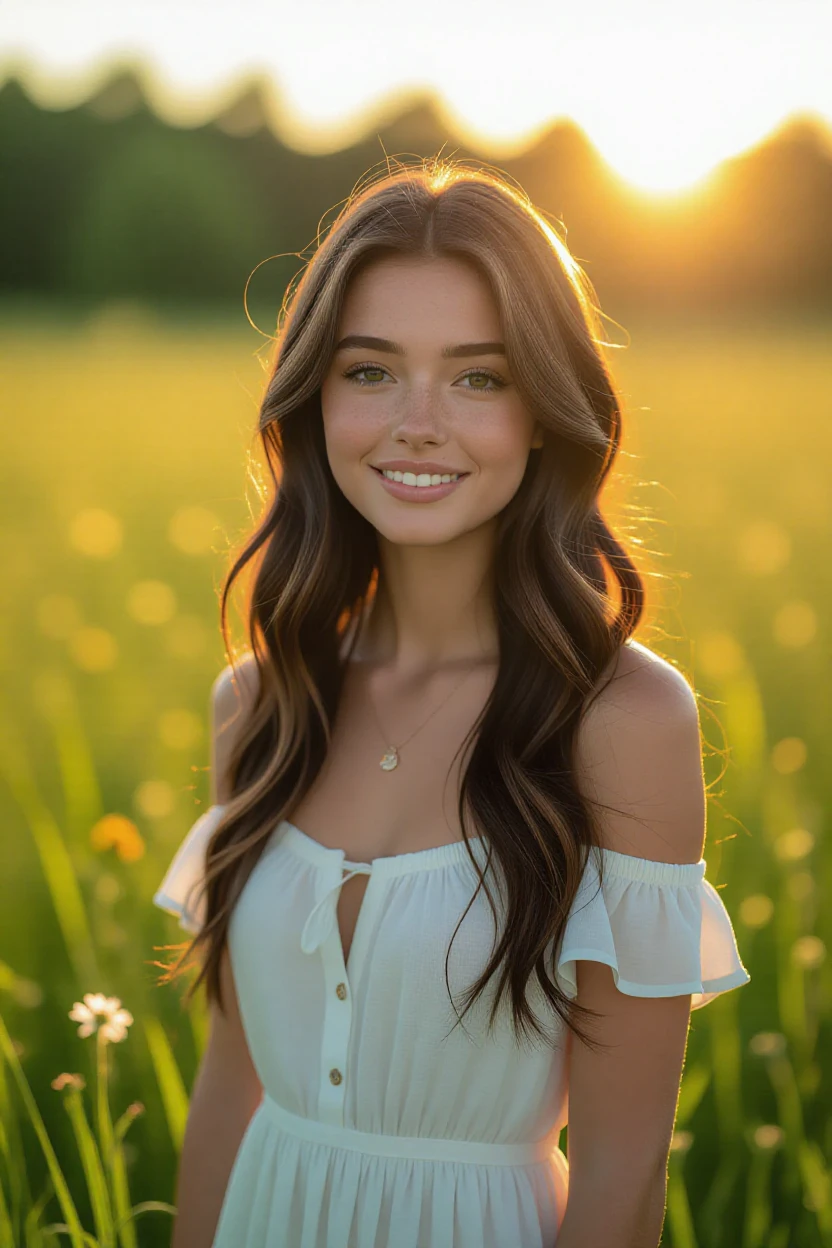 1 girl, beautiful young woman, long brown hair, warm smile, looking directly at camera, standing in sunlit meadow, lush green grass, wildflowers blooming, sun rays streaming through trees, golden hour lighting, ultra-detailed, photorealistic, 8K, high resolution, professional, cinematic, dramatic portrait