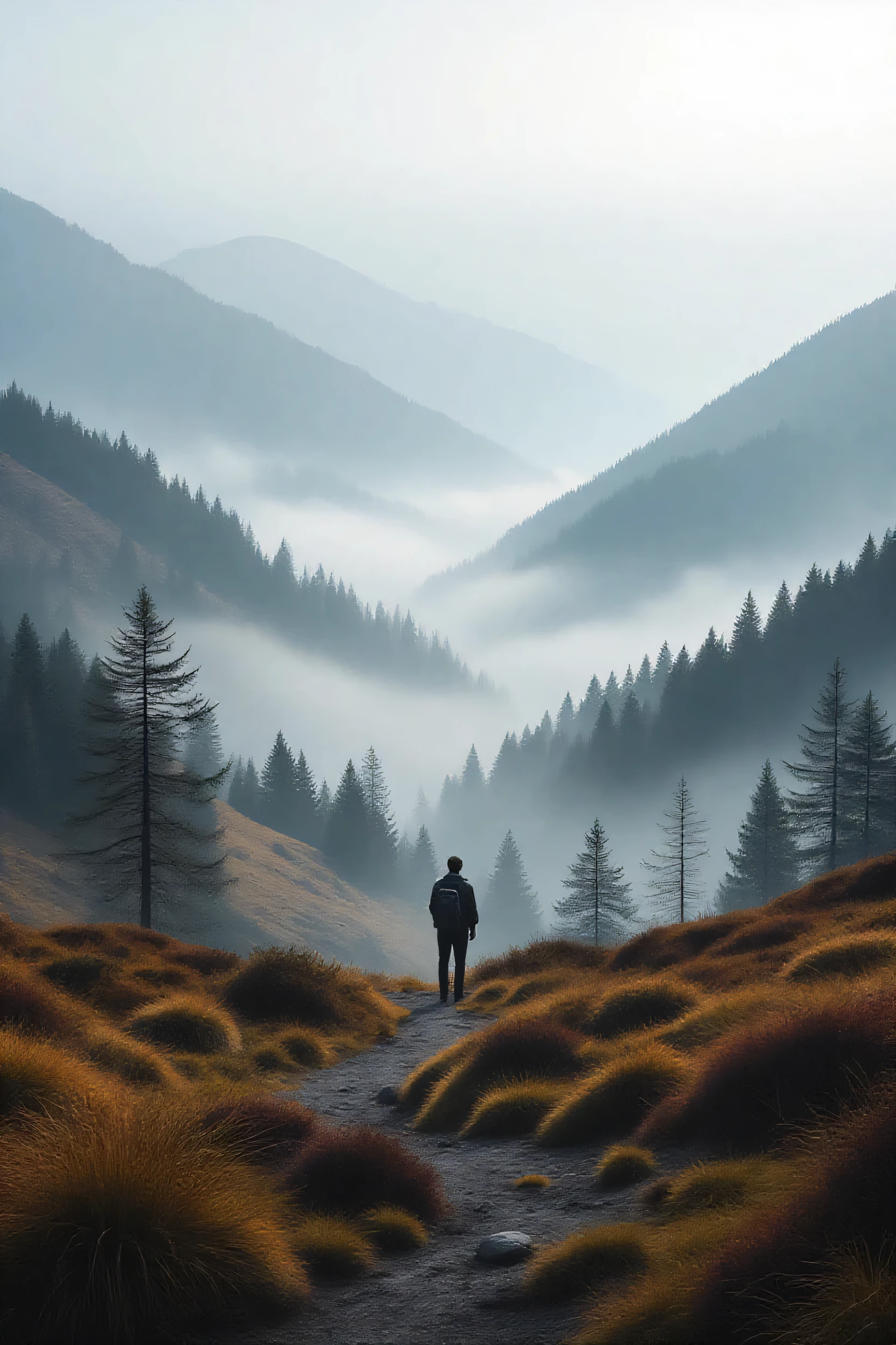 create desolate landscapes of valleys and mountains, Thick fog shrouded, Light is scarce, the trees are tered，The trunk is thick, and thickets reminiscent of grass and grass, in a surreal landscape, The colors of silence, 4K,  lighting,  Natural light , film particles, Movieting, High detail , Photoreality, Photorealityistic, Volumetric lighting and shadows  