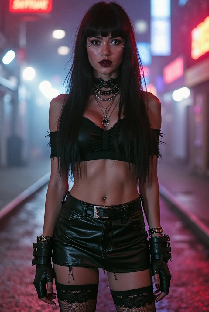 Slim and toned extremely busty brunette death metal girl, strung up, Sleepy, drugged, White skin, Long hair, huge ponytail, Hair collected, soft face, athletic, heavy makeup, piercings, T-shirt, fox ears, asparagus, Black pants, Boots, Gloves without fingers. black butterfly tattoos. standing in a dark alley at night. outdoor, exterior, evening. Neon lights. (detailed background.) Severe. cunning, bitter, devil, mean, angry.