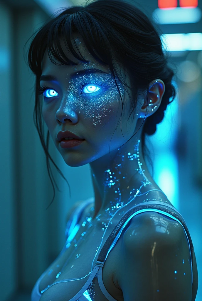 “An attractive woman poses in a futuristic setting, with soft lighting and metallic tones. She is dressed elegantly and sensually, as a social media influencer. Their eyes, however, are digitized or have technological elements shining through, suggesting that she may be being controlled by an AI. Codes and algorithms float around you, as if they were dictating their every move. The image must convey beauty and seduction, but also a feeling of discomfort, highlighting the potential risks of AI manipulating people.”