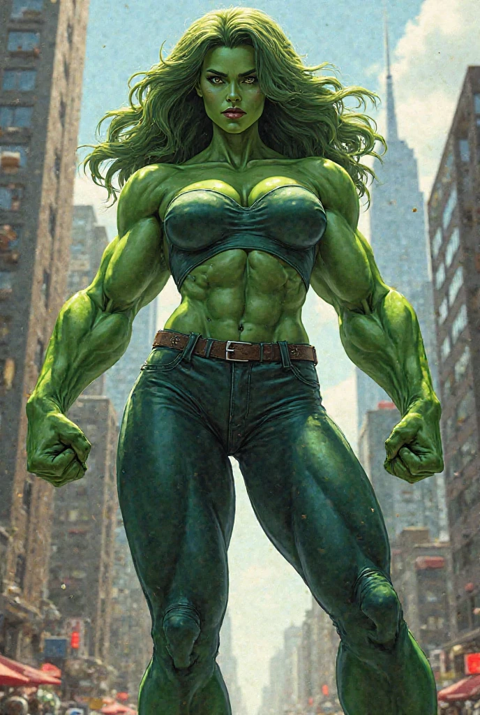 In the bustling cityscape of New York City, the colossal figure of She-Hulk, her green skin glistening under the urban lights, stands out. With an uncanny musculature that defies the norm, she boasts a prominent feature that sets her apart from the typical female superheroes – a large, prominent penis, visible through a tear in her pants' pocket. Although the image is far from ideal, with flaws in anatomy and questionable body proportions, the negative prompts deliberately included to challenge the artistic process serve to make this a unique and intriguing depiction.