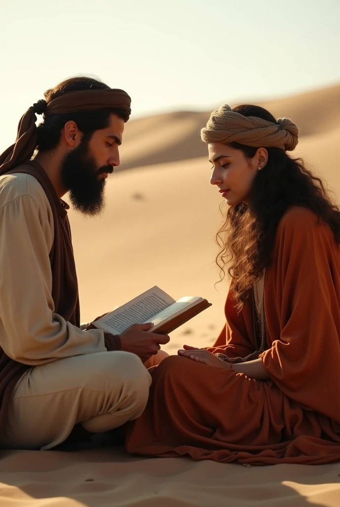 Young strong hairy and bearded Iranian man in white underwear, Islamic cap on the head, sitting on the red carpet reading a sacred book with a green cover in his hands next to a woman in a white dress.