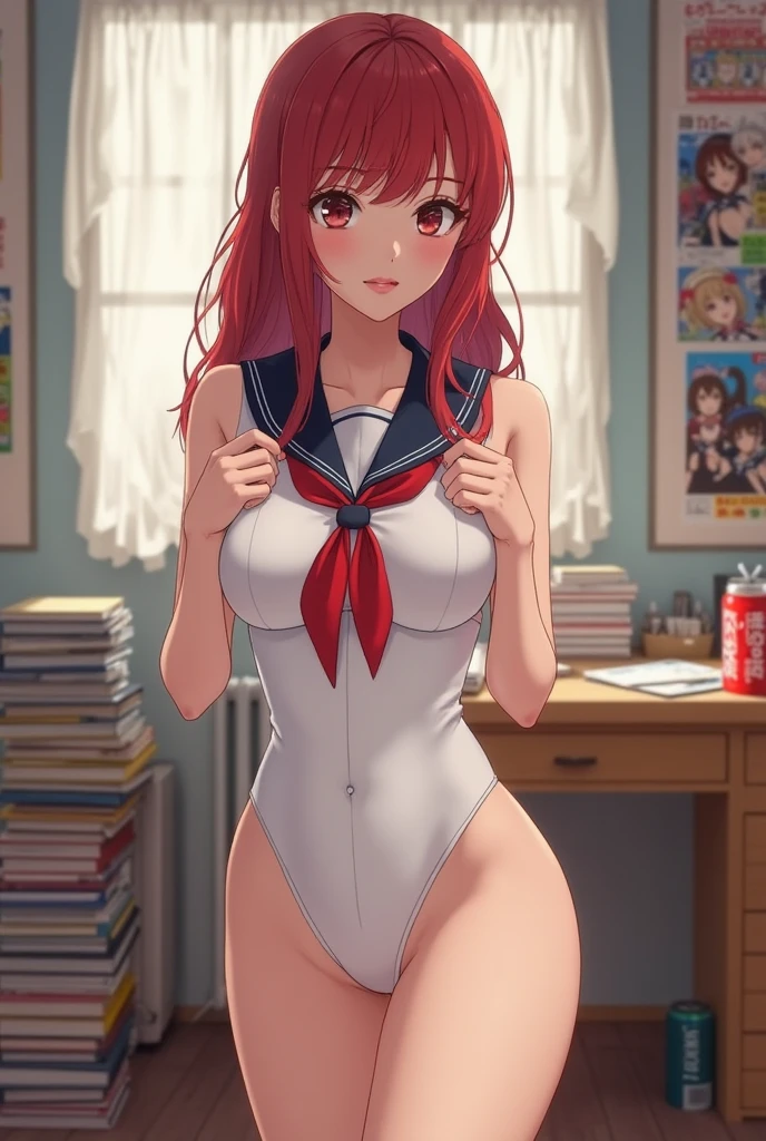 highest quality、Nice sexy body、One Woman、(solo)、((Beautiful busty woman:1.6))、(Woman with dark red hair:1.3)、Long hair woman、((A woman wearing a navy blue one-piece school swimsuit))