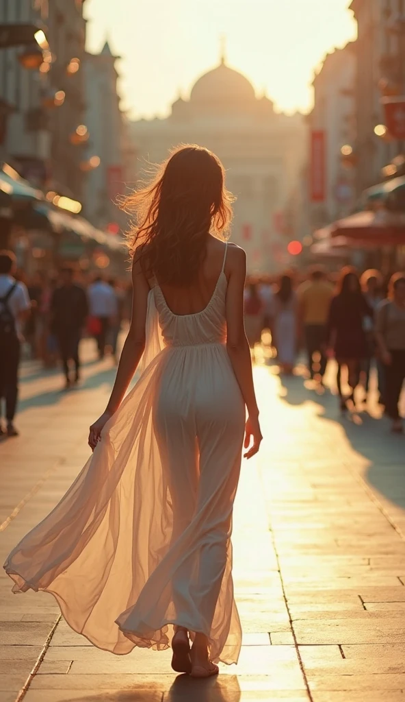 A beautiful woman walking towards the foreground in the backlight with the rising sun at dawn on a downtown sidewalk、Her thin white summer dress is backlit, showing the lines of her body clearly.、She has a sad look on her face and tears are about to overflow from her eyes.、Now that she knows her lover has died, where will she go from here?。