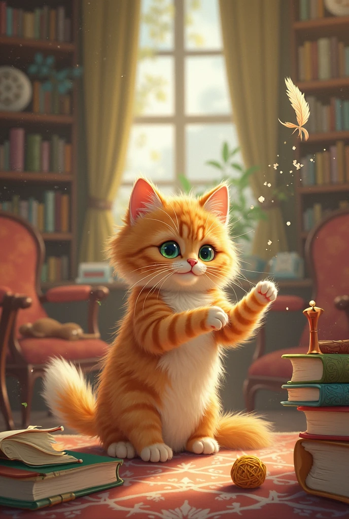 give me a cat daddy playing with his 1 children at a mystical temple table from the 1800s with old books nearby with his eyes slightly glowing 3 candles on the table in the distance