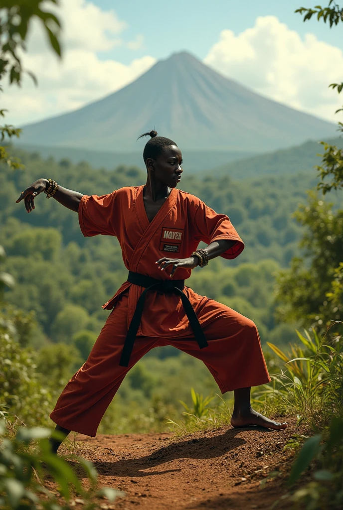 A scene of Barda Mandrawata, blindfolded, training in a secluded forest. He has wavy black hair tied halfway and a determined expression, with dark brown eyes now hidden behind the blindfold. His tan skin and small scar on his left cheek are visible. He is practicing martial arts moves with intense focus, surrounded by trees and rocks. His monkey companion, Kliwon, is nearby, watching attentively. The atmosphere is calm yet filled with the spirit of determination.