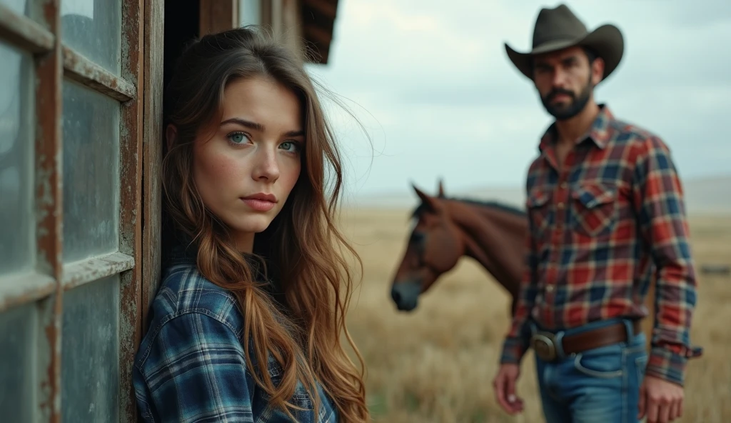 poor man with big, brown hair and beard, wearing a farmer's hat, wearing old clothes, hugging a woman with straight, long, beautiful brown hair, wearing old clothes, both of them sad. and in the background a farm. 8k image quality