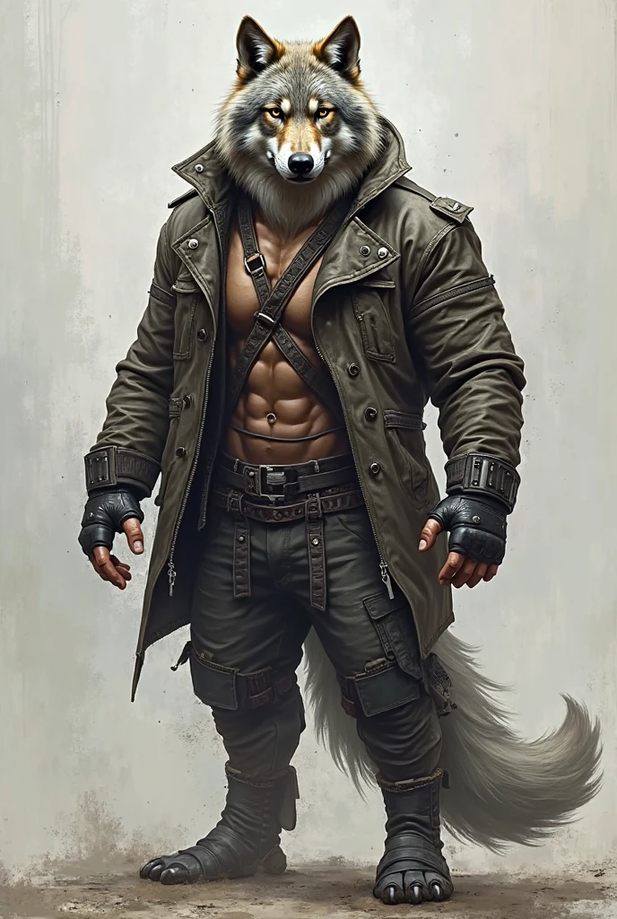 ((Solo)), male people, anthro wolf, (Multi-colored fur, White tail pointed), (Height 2.1 meters,Tail length 1.5m), Abs, pinginuscular, A long big tail, by patto,