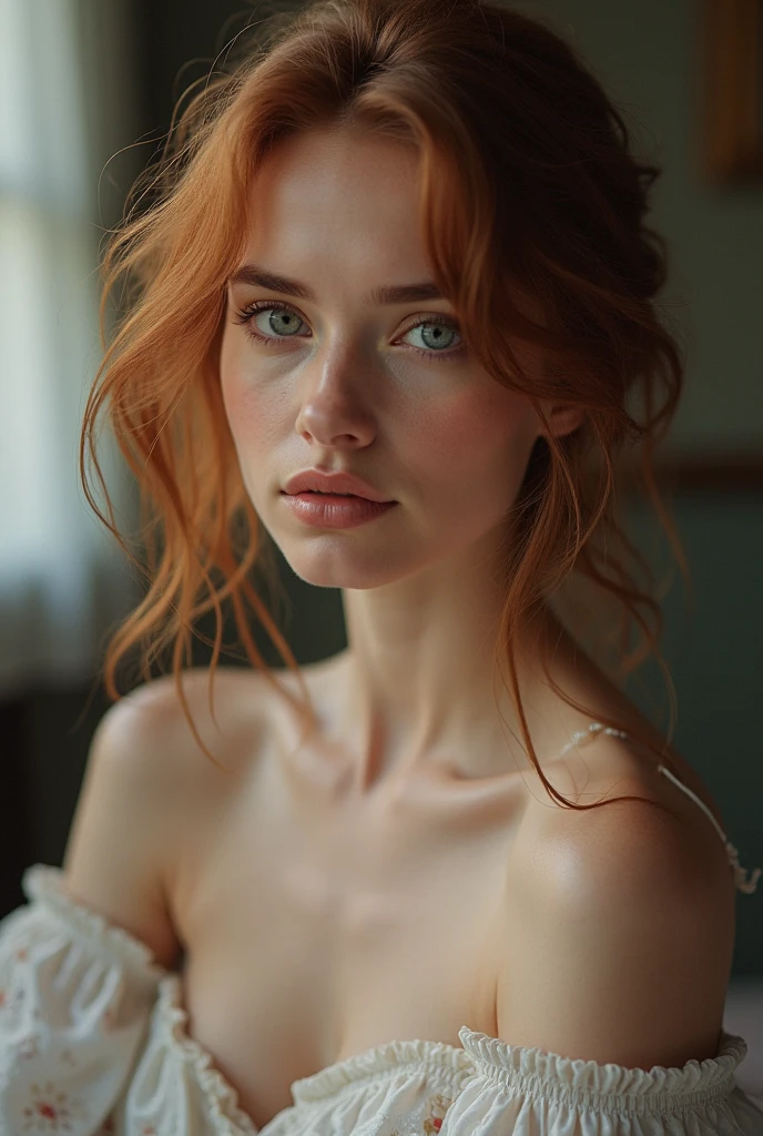 model green eyes reddish hair, brunette skin color, cleaning at home in a sexy position
