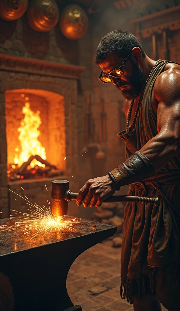 A caveman crafting a bronze knife on an anvil