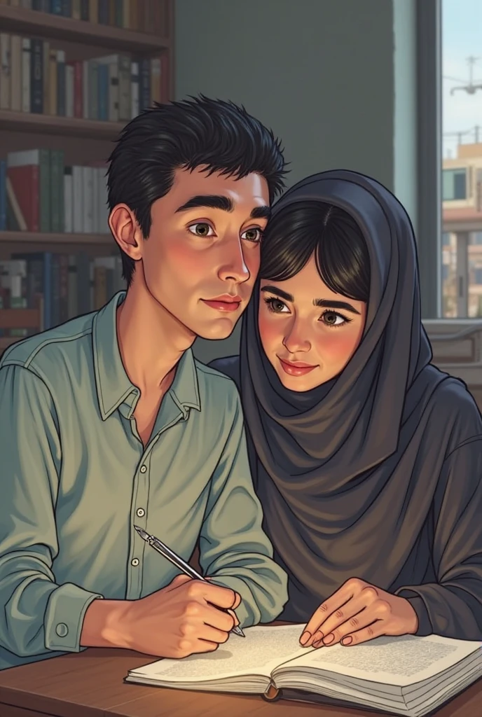 Une fille avec hidjab bleu ciel aux yeux vert miel, avec une veste et une jean et souliers, prend un chaton blanc et gris et ragarde son amoureux.

Son amoureux a une tête rectangle, cheveux rasés et porte des lunettes carrées avec des sandales noires, un pantalon large gris et une chemise demi manche et il lit un livre sur l'électronique

Je précise il porte une CHEMISE chemise 
il est débout avec des sandales