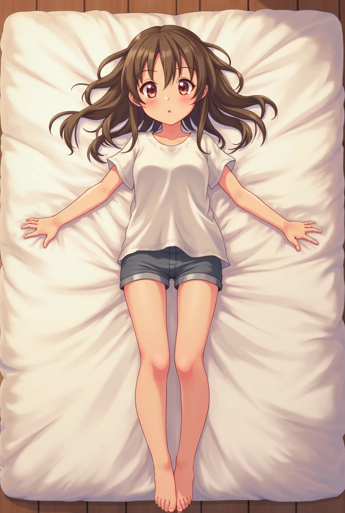 8k,masterpiece,Japanese,9-year-old girl,Bird&#39;s Eye View,Innocent face,Calm Eyes,Lie down in bed、Are sleeping、Sexy pose、Childish,pajamas,Short sleeve,Short skirt,underwear、Exposed clothing、Spread your legs、semi-long,Cute patterned bed for children、noon,bright,(The ????&#39;S Room)、indoor、See-through、Nipples showing through、