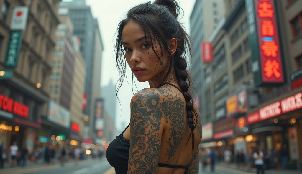 jsscbppler, ponytail hair, bra, full body, street background, RAW photo, beautiful, detailed face, detailed eyes, highly detailed hair, perfect eyelashes, detailed iris, detailed lips, high detailed skin, skin pores, 8k, uhd, dslr, soft lighting, high quality, Fujifilm XT3
