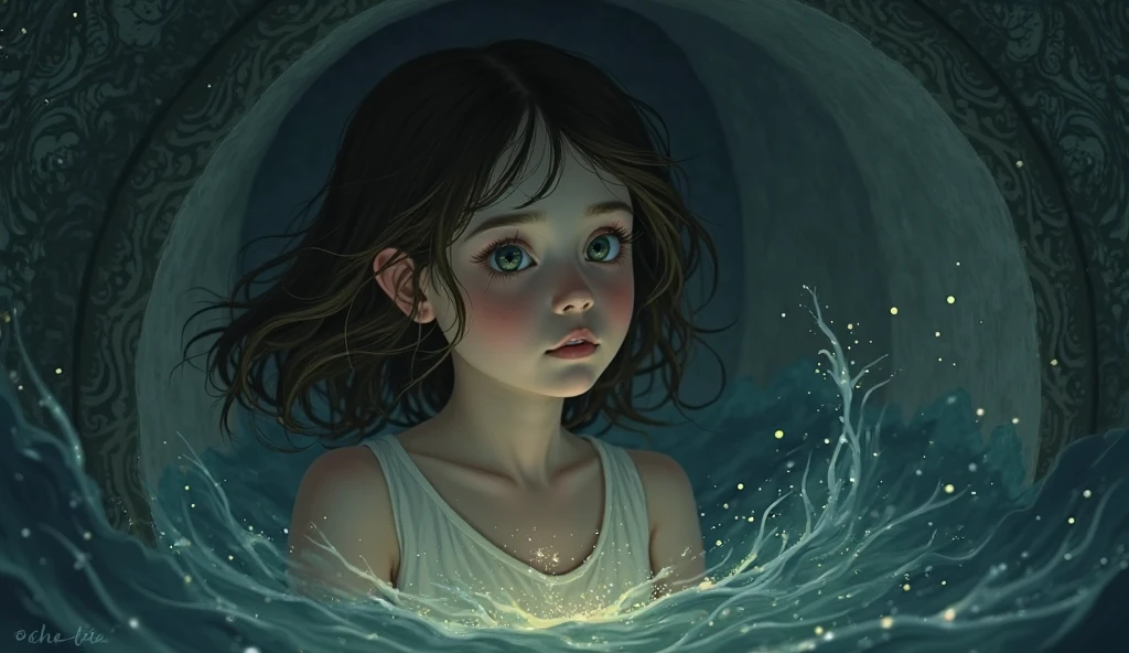 Deep underwater world, reality, reality, Van Gogh art, a Van Gogh element starry sky appeared at the bottom of the sea, a girl in a white dress lying in the sea, imprisoned in an iron cage, facing the starry sky, eyes full of despair and helplessness, close-up, girl, cage, vista, starry sky