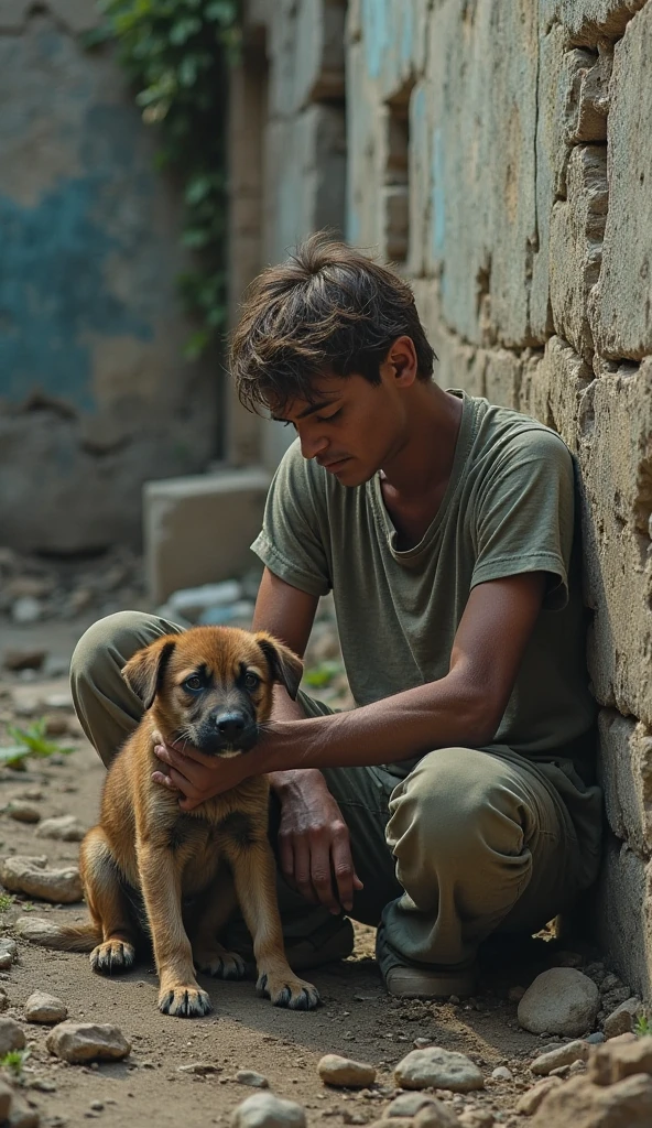 A POOR ??? WITH A STRAY DOG. The Poor kid is looking at the dog and GIVES the STREET DOG CARE ON THE HEAD. (The sun ILLUMINATES HALF of the face of a poor kid and the dog) SIDE LIGHT creates shadows on the other half of his face. They both are in the yard of a poor house. (Light from the side) (Rembrandt Light) (Afternoon light at 35 degrees)
