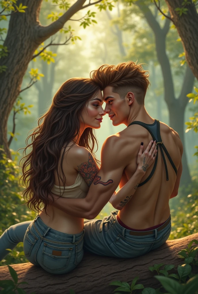 In dynamic action poses,beijando boca da Youngh mulher linda , Wearing a green top with Bunny written in gold and frayed denim shorts on a trail in a beautiful forest next to a waterfall,rainbow,dynamic poses. Clock,thin gold cord  , dynamic poses , Youngh,grown-up,beautiful tall,offwhite,German, green eyess,beard made, athletic body,low hair,Youngh, Foto longe  floresta ao lado dynamic poses uma Youngh adulta linda branca, green eyes , illuminated nose using gold eyeshadow red lipstick, well made up, long and very straight hair,make her hair in a very high bun black, wearing gold accessories, thin gold necklace ,Small Gold Eagle Earring. 