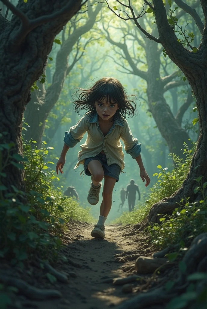 a black-haired girl with shoulder-length hair, fleeing from reality. (Heart Broken.)
