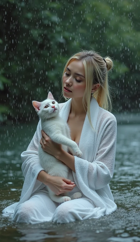 illustration for a fairy tale a small white kitten sits in the rain and cries