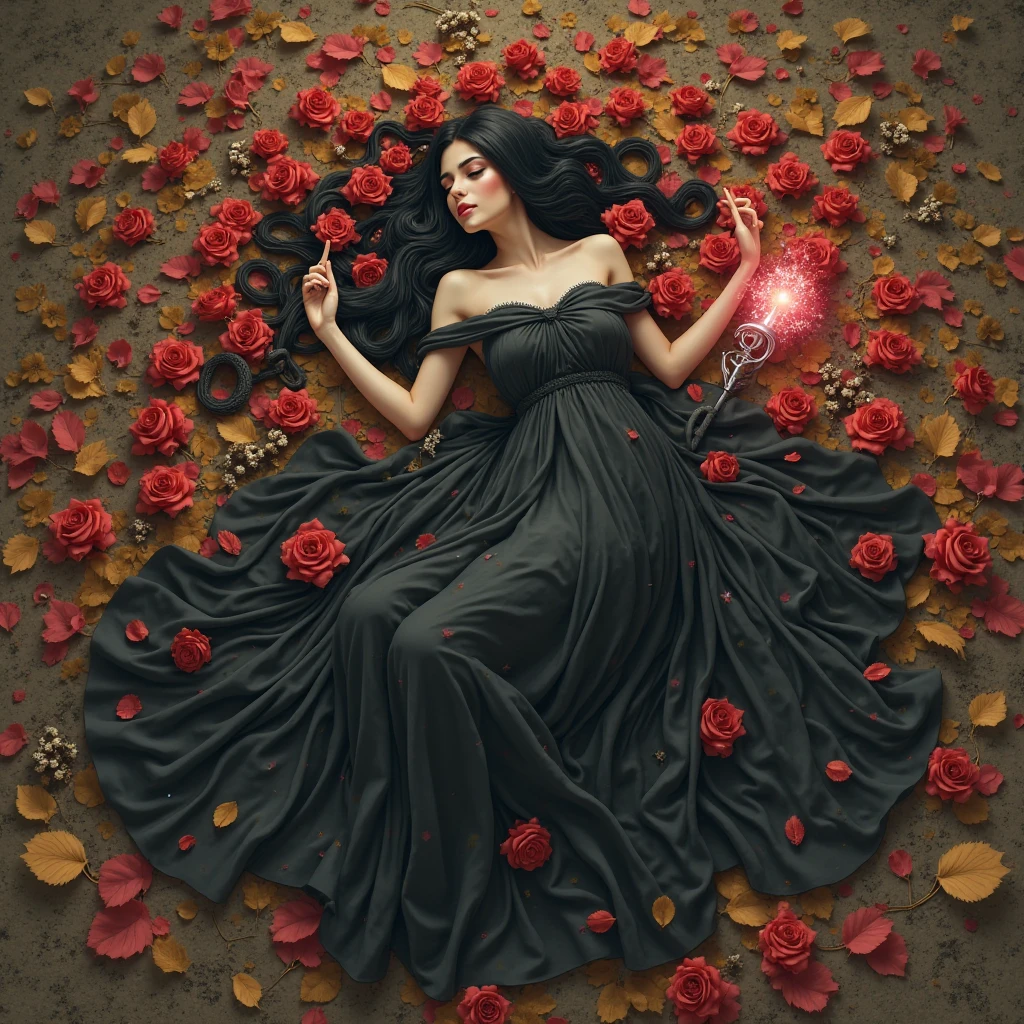 Intricately detailed illustration of a woman with black hair, long and voluminous curly hair, red rose in her left side of hair, Caucasian skin, vibrant red dress with small slit with a black fabric underneath at the bottom showing only in the middle, full body shot shot, Fantastic, Imaginative, visually rich, atmospheric, reference to witchcraft