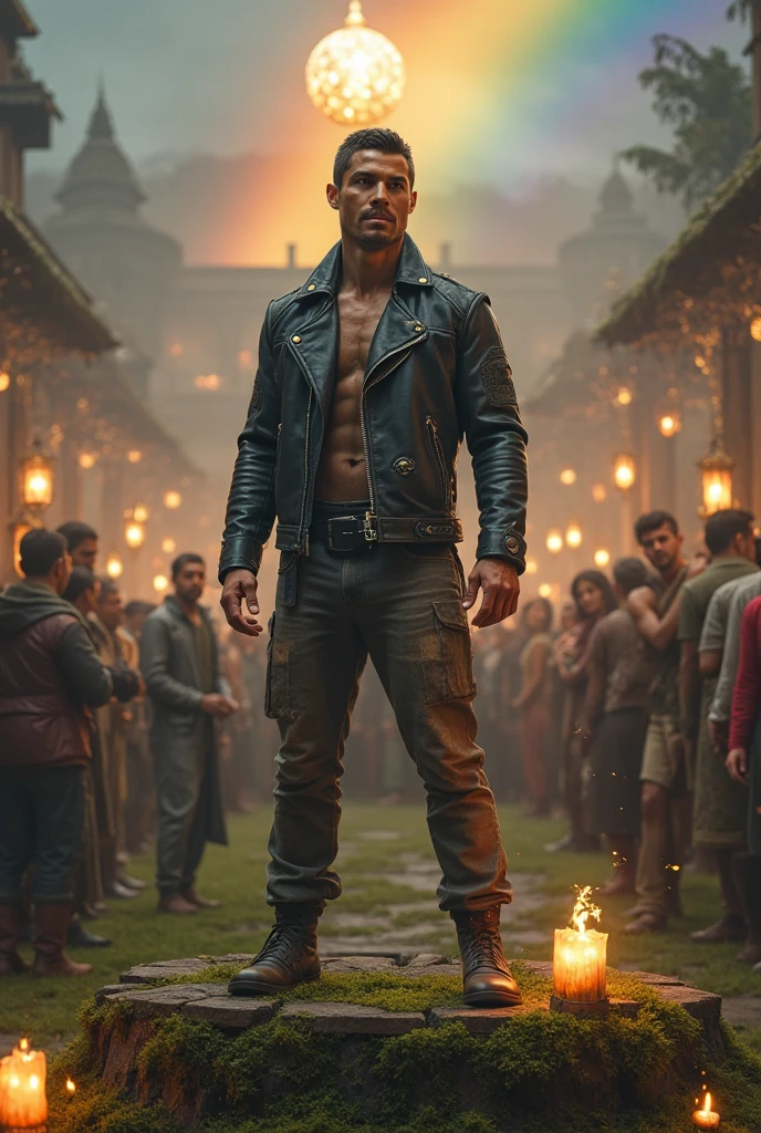 A man dressed in cyberpunk style stands in the middle of an oasis, behind him are realistic luxurious girls in different dresses