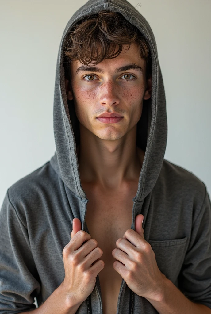 Hot boy with an exposed dick, red hoodie, brown hair, brown wolf ears, brown wolf tail, six pack