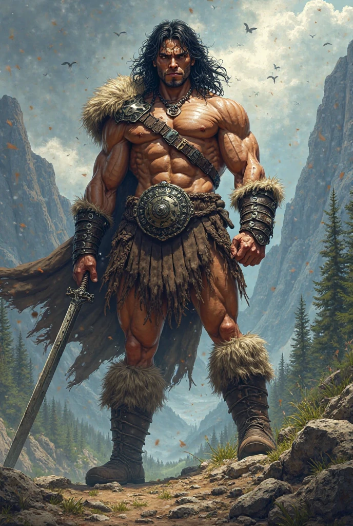 epic fantasy art, super fine illustration, High resolution, Super detailed, masterpiece, 1 male, barbarian, Conan the Barbarian, alone, adult, mature, tall and muscular man, broad shoulders, (((good looking:1.5))), long messy hair, black hair, ((beautiful detailed brown eyes:1.5)), square jaw, thick neck, thick eyebrows, the night view of dark forest background, loincloth, obi sword belt, animal fang necklace, iron circlet, holding sword, fighting pose,
