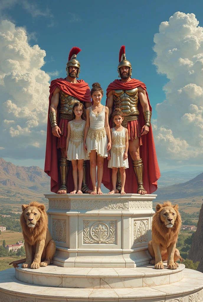 Roman Emperor Constantine the Great resurrected in modern times。34 years old。one adult male。He is a hardworking and talented businessman.。Long body。broad shoulder。thick neck。eyes like a lion。Bright and sharp eyes。He７I carefully hold my son, Crispus, who is 20 years old.。happy father and son love。Atonement, healing, rebirth, and eternal bonds from previous lives。background of pula in croatia。Clear blue sky。blue sea。illuminated by the golden morning sun、blessed。lyrical。​masterpiece。ultra-quality。Raphael style。