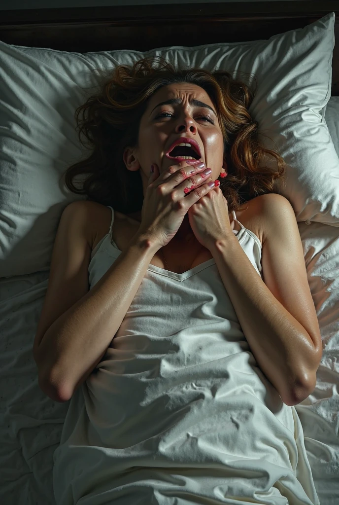 woman screams in agony, a corpse lies in the bed behind her, 35mm, Holga 120N, face out of focus, light leaks, black and white, highres, 8k, cinematic, realistic, chiaroscuro, dramatic lighting, moody, somber, mysterious, unsettling, horror, paranormal, surreal, dark fantasy
