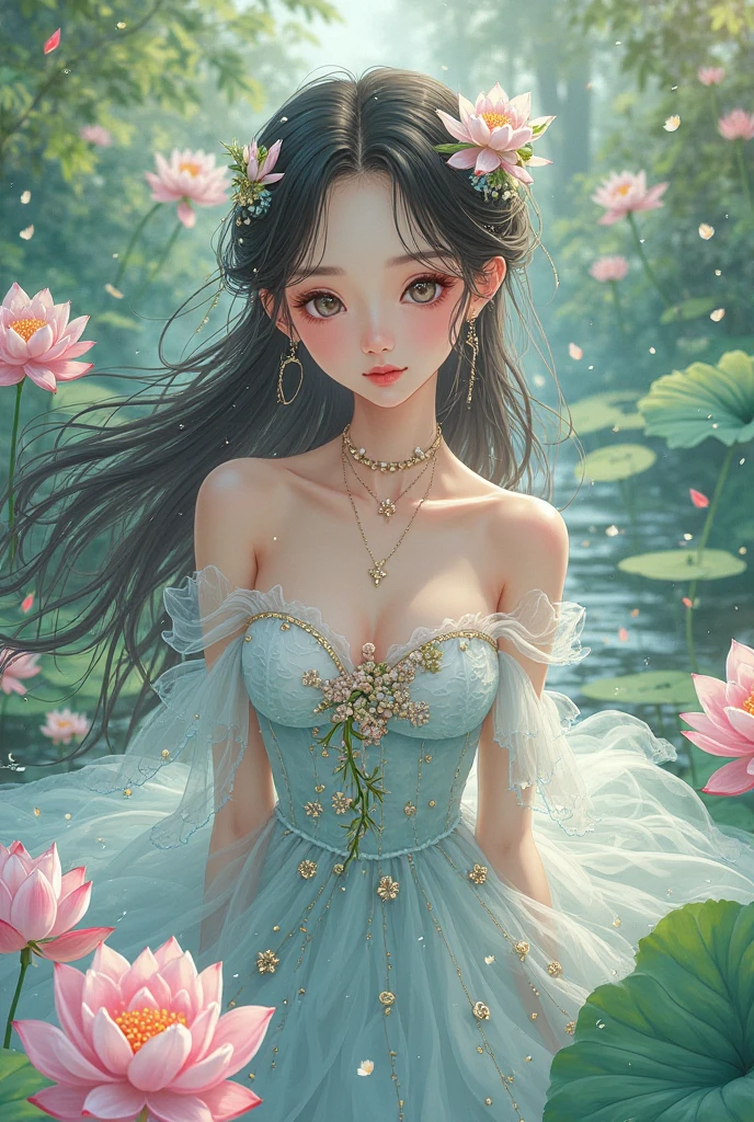 (Fashion magazines are a big hit:1.2),(Attractive woman:1.3),(Beautiful and delicate eyes:1.2),(Fashion clothing design:1.2),(Tulle texture:1.1),turquoise Flowers,surrounded by Flowers,Transparent dew,Fresh and elegant,(Flowers blooming wildly:1.2),Delicate buds,Turquoise blue atmosphere,(masterpiece:1,2),Highest quality,masterpiece,High resolution,original,Highly detailed wallpaper,Perfect lighting,(Highly detailed CG:1.2)Flowers,turquoise Flowers,full_body, Huge_chest, whole body、Ash grey hair、