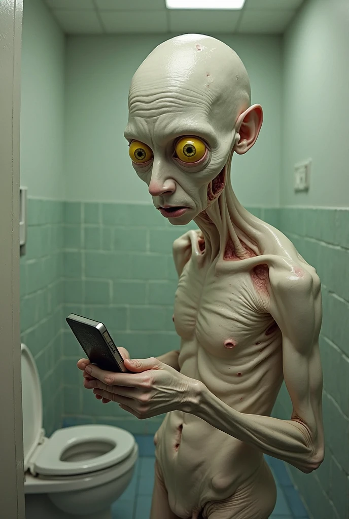 rubberjohnny, close up, side view, shout, scream, scared, hands up, night vision, glowing eyes, mutation, alien, sitting in a wheelchair, eerie dark room, no light, glitched vision, vhs quality, (lasers wooshing by:1.2), light from a door sidelit<lora:Rubber_Johnny:1>