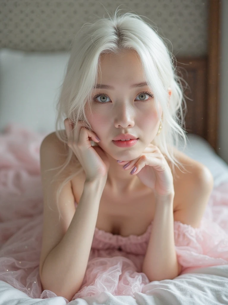 woman lying down、looking at the camera、cute、pure white room、smile、profuse sweat、scarf around the neck、sexy pink underwear、lip、plump breasts、blonde hair、fluffy hair