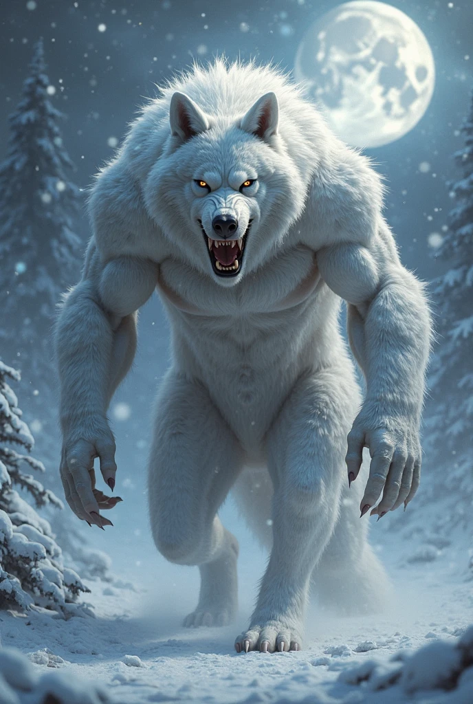 Giant Angry White Werewolf in the Middle of the Night with a Full Moon, Realistic, Full HD, Best Quality