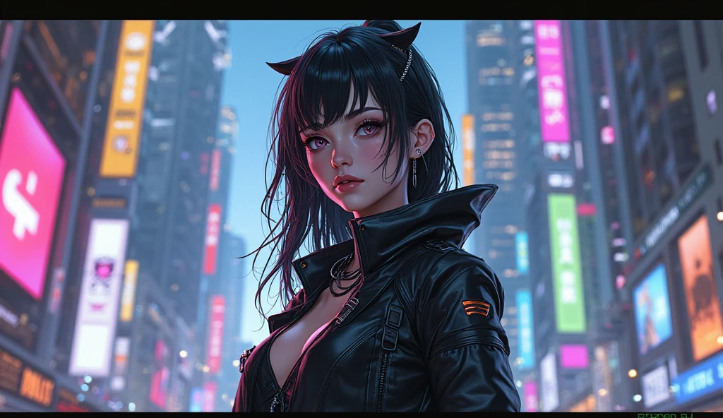 hyperrealistic photograph of laughing cyberpunk ebony nekomata catgirl in a crowded Japanese street, large breasts, chubby, wearing white leather jacket and armor, fringe cut and bangs rainbow hairstyle, insane details, detailed designs, glowing colorful circuitry, colorful neon trim, cinematic lighting, rim lighting, f/2.8, art by H.R. Giger, Greg Rutowski