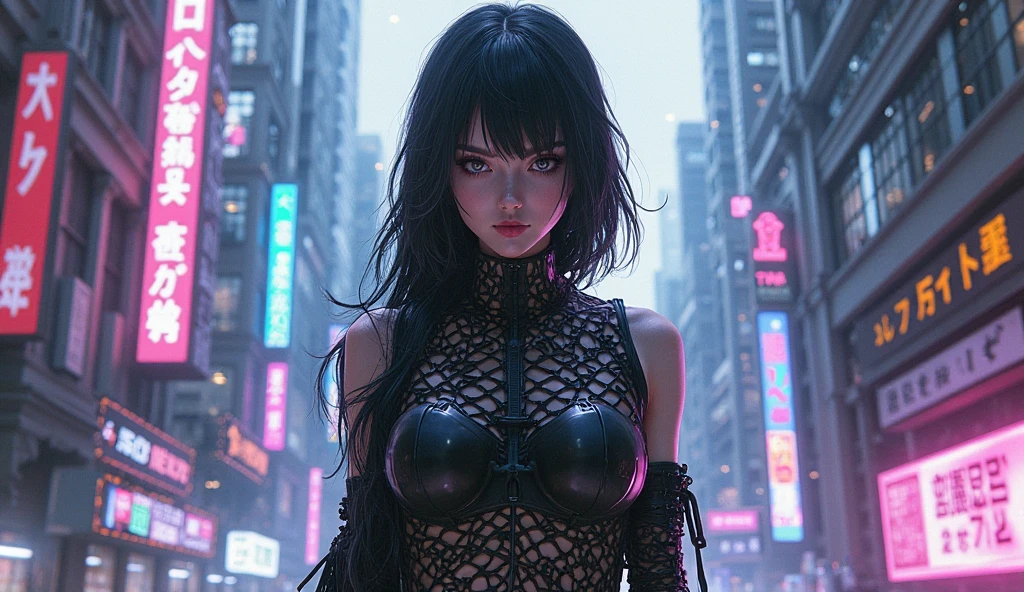 Gothic woman, black hear, background cyberpunk city, sexly, seminua, Jenna Ortega