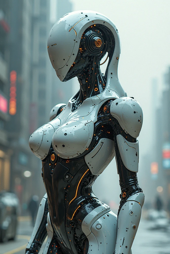 Female cyborg walking down the street in a crowd of people in the big city, defile show, high quality, best quality, absurdres, masterpiece, beautiful, intricate details, 1/2 body crop, slim body, beautiful figure, magnificent anatomy, (intricate details:1.12), HDR, (intricate details, hyper-detailing:1.15), (natural skin textures, hyper realisitc, soft light, Sharp:1.2)
