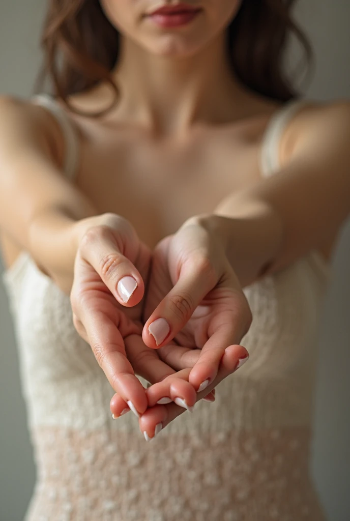 Generate a close-up image of two hands positioned in front of the viewer. beautiful young Japanese woman wearing only camisole. both hands are extended forward , one hand with the fingers curled just like softly grabbed. The other hand should be placed on top of the another hand, gently covering from above. Ensure that the fingers of both hands are detailed, with attention to the textures and contours of the skin. The background should be neutral or softly blurred to keep the focus on the hands and the interaction between them.