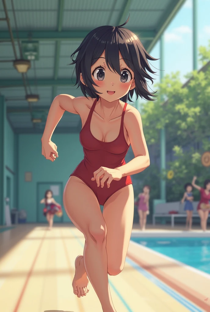 A Japanese boyish girl with short hair, wearing a torn white string bikini swimsuit, jumping over an eight-step vaulting box with a bright smile.Ultra HD