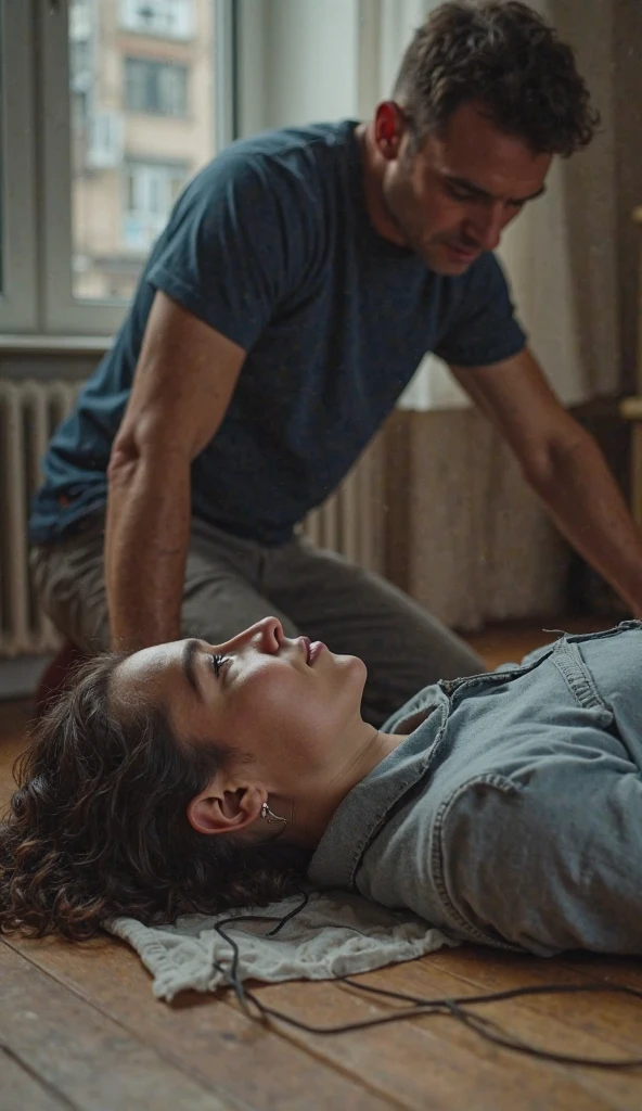 create an image where there is, a very disappointed laughing woman sitting on a bed, E no fundo, a little to the side, a very sad man because he failed at the right time