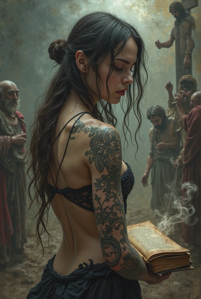 Woman sitting in medieval room with her back turned, reading a big book. His back is bare and he has a large tattoo with the image of justice., one hand carries a sword, in the other hand a book. Above the head there is a dragon