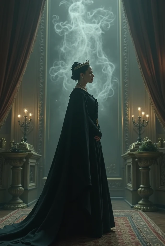 A grand, yet eerie scene at Snow White’s wedding, where the evil queen is shown in the background, surrounded by shadows. Her face is twisted in fear and disbelief as she realizes her fate. Around her, ghostly figures or dark silhouettes appear, symbolizing the impending doom and the justice about to be served
